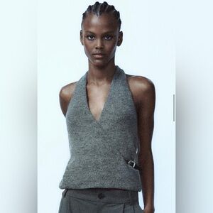 Gray Halter Neck Sweater Top